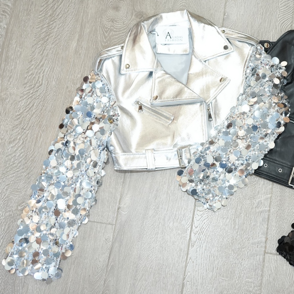 Women’s silver cropped faux leather jacket with embellishments